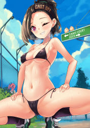 Rule 34 | 2girls, absurdres, azur lane, bangs pinned back, bare shoulders, bikini, bird, black bikini, black hair, black legwear, blue sky, blush, breasts, bremerton (azur lane), bremerton (scorching-hot training) (azur lane), cameltoe, cameo, chain-link fence, chick, cleavage, clothes writing, cloud, collarbone, cooper (azur lane), cooper (blazing tennis battle) (azur lane), covered erect nipples, day, fence, grin, hachimaki, hands on own thighs, headband, heavy breathing, highres, hm (hmongt), lamppost, looking at viewer, manjuu (azur lane), medium breasts, multiple girls, one eye closed, outdoors, pink eyes, road sign, shoes, short hair, side-tie bikini bottom, sign, single sidelock, sky, smile, sneakers, socks, solo focus, spread legs, squatting, sweat, swimsuit, tennis court, tree
