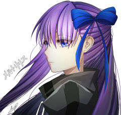 Rule 34 | 10s, 1girl, bad id, bad pixiv id, blue eyes, closed mouth, eyes visible through hair, fate/extra, fate/extra ccc, fate (series), hair ribbon, limit x, long hair, meltryllis (fate), portrait, purple hair, ribbon, simple background, solo, translated, white background