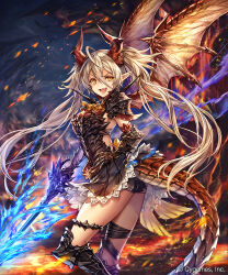 Rule 34 | 1girl, ahoge, black gloves, copyright name, dragon girl, dragon horns, dragon tail, dragon wings, fang, from side, gloves, hair between eyes, highres, holding, holding sword, holding weapon, horns, lava, light brown hair, long hair, looking at viewer, madogawa, official art, pointy ears, shadowverse, solo, standing, sword, tail, twintails, weapon, wings, yellow eyes