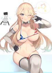 Rule 34 | 1girl, ;q, american flag bikini, bikini, blonde hair, blush, breasts, collarbone, elbow gloves, feet out of frame, flag print, gloves, grey thighhighs, hair between eyes, iowa (kancolle), kantai collection, large breasts, long hair, micro bikini, one eye closed, rensouhou-chan, shin (new), star-shaped pupils, star (symbol), strap pull, swimsuit, symbol-shaped pupils, thighhighs, tongue, tongue out