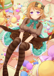 Rule 34 | 10s, 1girl, between legs, black thighhighs, blush, bow, bowtie, brown hair, candy, cupcake, dress, food, frilled sleeves, frills, gloves, green bow, green bowtie, hair bow, hairband, hand between legs, headdress, heart, koizumi hanayo, lollipop, looking at viewer, love live!, love live! school idol festival, love live! school idol project, lying, macaron, mary janes, natsu (natume0504), on back, pinafore dress, pinstripe pattern, purple eyes, shirt, shoes, short hair, sleeveless, sleeveless dress, smile, solo, striped bow, striped bowtie, striped clothes, striped neckwear, striped shirt, striped thighhighs, thighhighs, underbust, vertical-striped clothes, vertical-striped shirt, white gloves