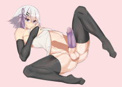 Rule 34 | 1boy, ass, bare shoulders, black gloves, black thighhighs, blush, condom, elbow gloves, fate/grand order, fate (series), gloves, hair ornament, highres, husun wei, legs, male focus, penis, prince of lan ling (fate), short hair, simple background, solo, testicles, thighhighs, trap, uncensored