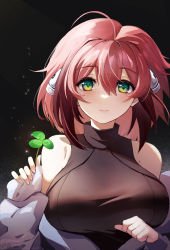 Rule 34 | 1girl, absurdres, ahoge, bare shoulders, breasts, clover, eyebrows hidden by hair, hair between eyes, highres, holding, holding clover, ikamochi kalong, ikaros, large breasts, looking at viewer, pink hair, short hair, smile, solo, sora no otoshimono, sweat, upper body, vest
