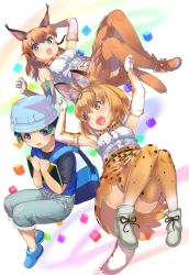 Rule 34 | 1boy, 2girls, :o, animal ears, bag, belt, blonde hair, blouse, blue eyes, blue vest, bow, bowtie, caracal (kemono friends), cross-laced clothes, elbow gloves, extra ears, gloves, green hair, hat feather, high-waist skirt, holding, kemono friends, kemono friends 2, kyururu (kemono friends), long hair, looking at another, multicolored clothes, multicolored gloves, multiple girls, open mouth, print gloves, print legwear, print neckwear, print skirt, serval (kemono friends), serval print, serval tail, shirt, short hair, short sleeves, shoulder bag, sketchbook, skirt, sleeveless, sleeveless shirt, tadano magu, tail, thighhighs, traditional bowtie, vest, white gloves, yellow eyes, yellow legwear, yellow neckwear, yellow skirt