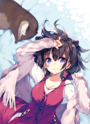 Rule 34 | 1girl, :3, animal, animal ears, arm up, bare shoulders, bed sheet, black hair, blush, breasts, buttons, cleavage, closed mouth, comic, from above, long sleeves, looking at viewer, looking up, medium breasts, original, otter, otter ears, purple eyes, red vest, satsuki misuzu, shirt, signature, sleeves past wrists, smile, solo, star (symbol), tareme, upper body, vest, white shirt
