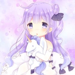 Rule 34 | 1girl, :o, ahoge, azur lane, bare shoulders, black bow, black ribbon, blush, bow, caramel (caramelmilk), commentary request, detached sleeves, dress, hair bun, hair ribbon, long hair, long sleeves, looking at viewer, hugging object, one side up, parted lips, purple eyes, purple hair, ribbon, side bun, single hair bun, single side bun, sleeves past wrists, solo, stuffed animal, stuffed pegasus, stuffed toy, stuffed unicorn, stuffed winged unicorn, unicorn (azur lane), very long hair, white dress