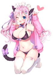 Rule 34 | 1girl, ;d, animal ears, ayuma sayu, bikini, black bikini, blue eyes, blush, bow, bow bikini, breasts, cat ears, cat girl, cat tail, cleavage, collarbone, commentary request, eyelashes, fang, fingernails, full body, green bow, hair between eyes, hair bow, hair ornament, hair ribbon, jacket, kemonomimi mode, kneeling, large breasts, long hair, long sleeves, looking at viewer, maid headdress, nail polish, navel, one eye closed, open clothes, open jacket, open mouth, original, pink hair, pink nails, pink ribbon, purple bow, purple ribbon, ribbon, ribbon legwear, sidelocks, simple background, skindentation, smile, solo, stomach, swimsuit, tail, tail bow, tail ornament, thighhighs, twintails, underboob, white thighhighs