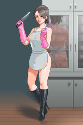 Rule 34 | 1girl, apron, bare legs, black footwear, boots, brown hair, cabinet, elbow gloves, enkaboots, glint, gloves, high heel boots, high heels, holding, holding knife, kitchen knife, knee boots, knife, crossed legs, looking at viewer, naked apron, original, pink gloves, reflection, short hair, smile, solo, wooden floor