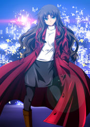 Rule 34 | 1girl, absurdres, alternate hairstyle, black hair, blue eyes, boots, city, coat, fate/stay night, fate (series), hair down, highres, ka2, lens flare, long coat, long hair, miniskirt, night, aged up, pantyhose, pencil skirt, skirt, solo, tohsaka rin