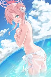 Rule 34 | 1girl, ass, bikini, blue archive, blue eyes, blue sky, blush, breasts, cloud, covering privates, covering breasts, hair bun, halo, highres, large breasts, long hair, looking at viewer, mimori (blue archive), mimori (swimsuit) (blue archive), ocean, pink hair, single side bun, sky, solo, swimsuit, tomu (tom 309k), topless, white bikini