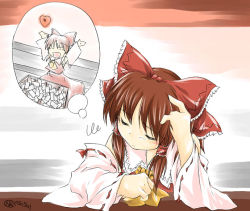 Rule 34 | 1girl, :d, ^ ^, arms up, blush, bow, brown hair, closed eyes, detached sleeves, dreaming, female focus, hair bow, hakurei reimu, imagining, long sleeves, musical note, nobuyuki, open mouth, ponytail, red bow, ribbon-trimmed sleeves, ribbon trim, short hair, sidelocks, sleeping, smile, solo, squiggle, thinking, thought bubble, touhou, upper body