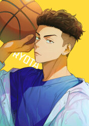 Rule 34 | 1boy, ball, basketball (object), bishounen, blue jacket, blue shirt, brown eyes, brown hair, character name, earrings, holding, holding ball, jacket, jewelry, looking at viewer, male focus, miyagi ryouta, off shoulder, og man, open clothes, open jacket, shirt, slam dunk (series), smile, solo, stud earrings, toned, toned male, undercut, wavy hair, yellow background