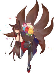 Rule 34 | 1girl, akagi (azur lane), animal ears, asymmetrical bangs, azur lane, bent over, black thighhighs, bouquet, breasts, brown hair, cleavage, flower, fox ears, fox tail, full body, highres, japanese clothes, kimono, large breasts, leaning forward, long hair, looking at viewer, multiple tails, petals, platform footwear, red eyes, red footwear, sidelocks, simple background, solo, standing, standing on one leg, symbol-shaped pupils, tail, thighhighs, thighs, uyuyuun, white background, wide sleeves