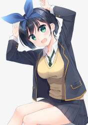 Rule 34 | 1girl, arms up, black hair, black jacket, black skirt, blazer, blue hairband, blush, breasts, collared shirt, commentary request, green eyes, green necktie, hairband, highres, invisible chair, jacket, kanojo okarishimasu, large breasts, long sleeves, looking at viewer, medium breasts, miniskirt, necktie, open clothes, open jacket, open mouth, pleated skirt, ribbon, sarashina ruka, shirt, short hair, simple background, sitting, skirt, smile, solo, striped necktie, striped neckwear, sweater vest, wari (nirodo26), white background, white shirt, wing collar