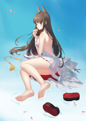 Rule 34 | absurdres, akagi (warship girls r), animal ears, barefoot, breasts, brown eyes, brown hair, cherry blossoms, covering privates, covering breasts, damaged, fox ears, highres, hiroshiko (restart), japanese clothes, kimono, large breasts, long hair, sandals, shoes, unworn shoes, solo, toes, uchikake, warship girls r, white kimono