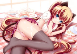 Rule 34 | 1girl, absurdres, animal ears, ass, bad id, bad pixiv id, blonde hair, blue eyes, blush, breasts, cake, cat ears, cat tail, cleavage, condom, cream, food, grey thighhighs, highres, long hair, looking at viewer, lying, on side, open clothes, open shirt, original, panties, pantyshot, pink panties, school uniform, shirt, solo, tail, thighhighs, twintails, underwear, very long hair, zheyi parker