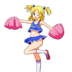 Rule 34 | 1girl, ;d, armpits, bare arms, bare shoulders, blonde hair, blue eyes, cato (monocatienus), cheering, cheerleader, clothes writing, collarbone, eyeball, hair ornament, hair ribbon, midriff, moriya suwako, navel, one eye closed, sound effects, open mouth, outstretched arms, pom pom (cheerleading), print shirt, ribbon, shirt, simple background, skirt, skirt set, sleeveless, sleeveless shirt, smile, solo, standing, standing on one leg, touhou, two side up