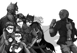 Rule 34 | 2girls, 5boys, batgirl, batman, batman (series), belt, black bat, brother and sister, brothers, bruce wayne, cape, cassandra cain, caught, damian wayne, dc comics, dick grayson, domino mask, family, father and daughter, father and son, frown, gloves, hug, jacket, jason todd, mask, monochrome, multiple boys, multiple girls, muscular, nightwing, pixiv sample, red hood (dc), red robin, robin (dc), siblings, stephanie brown, string, tim drake
