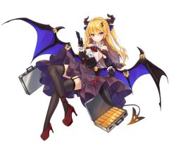 Rule 34 | 1girl, :d, ark order, banknote, black corset, black gloves, black thighhighs, blonde hair, blue bow, bow, briefcase, cape, card, center frills, closed mouth, corset, credit card, dango remi, demon girl, demon horns, demon tail, demon wings, dollar bill, dollar hair ornament, dollar sign, elbow gloves, flat chest, frills, full body, garter straps, gloves, gold bar, hair bow, hair ornament, high heels, holding, holding card, horns, lace, lace-trimmed legwear, lace trim, long hair, looking at viewer, mammon (ark order), money, official art, open mouth, pointy ears, purple cape, purple skirt, red bow, red footwear, shirt, shoes, side cape, skirt, sleeveless, sleeveless shirt, smile, solo, suitcase, tachi-e, tail, thighhighs, transparent background, very long hair, white shirt, wings, yellow eyes