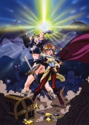 Rule 34 | 1990s (style), 2girls, araizumi rui, armlet, armor, arms up, bikini, blue eyes, boots, breasts, brown hair, cape, crown, cup, floating hair, gloves, gold, headband, highres, lamp, large breasts, lina inverse, long hair, looking at viewer, magic, monster, multiple girls, naga the serpent, official art, open mouth, outstretched arm, pauldrons, pointing, pointing at viewer, purple hair, red eyes, red legwear, retro artstyle, shoulder armor, slayers, smile, standing, swimsuit, sword, treasure, treasure chest, weapon, wind, wind lift