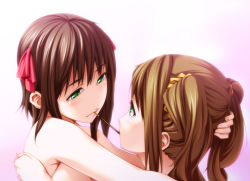 Rule 34 | 00s, 2girls, amami haruka, bad id, bad pixiv id, bare shoulders, brown hair, colorized, eye contact, face, food, green eyes, hair ribbon, hand on another&#039;s head, hug, idolmaster, idolmaster (classic), imminent kiss, looking at another, mouth hold, multiple girls, nude, pocky, pocky kiss, ribbon, shared food, takatsuki yayoi, thesale, totokichi, twintails, yuri