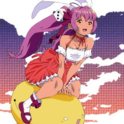 Rule 34 | 1girl, animal ears, anime coloring, bare shoulders, cloud, cyt, di gi charat, flying, gema, knees, mary janes, open mouth, pink hair, rabbit ears, red eyes, riding, shoes, sitting, socks, solo, twintails, usada hikaru