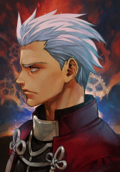 Rule 34 | 1boy, archer (fate), closed mouth, dark skin, dark-skinned male, fate/stay night, fate (series), gears, hair slicked back, hungry clicker, jacket, male focus, manly, portrait, profile, red jacket, solo, unlimited blade works (fate), white hair, yellow eyes