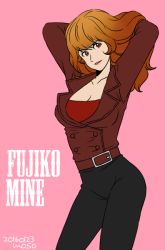 Rule 34 | 1girl, 2016, arms up, belt, belt buckle, black pants, breasts, brown eyes, brown hair, buckle, cleavage, collarbone, contrapposto, cowboy shot, dated, hands in hair, head tilt, jacket, long hair, long sleeves, looking at viewer, lupin iii, medium breasts, mine fujiko, mousou (mousou temporary), pants, parted lips, pink lips, red jacket, solo, standing
