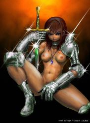 Rule 34 | 1girl, armor, blue eyes, boots, breasts, brown hair, fantasy, female pubic hair, gloves, jewelry, mitsuba, mitsuba (knight lounge), nipples, no panties, original, pendant, pubic hair, solo, sword, topless, weapon