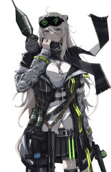 &gt;:) 1girl absurdres alternate_costume animal_ear_fluff animal_ear_piercing animal_ears black_coat black_scarf black_skirt black_thighhighs breasts buttons ci7hi9n03 cleavage closed_mouth coat dog_tags double-parted_bangs explosive eyewear_on_head fang flashbang grenade grey_eyes gun h&amp;k_mp5k handgun heart highres holding holding_gun holding_weapon hololive lion_ears lion_girl long_hair m1911 miniskirt multicolored_coat open_clothes open_coat panzerfaust_3 pleated_skirt rocket_launcher rpg_(weapon) scarf shirt shishiro_botan skirt ssrb_(shishiro_botan) submachine_gun thighhighs v-shaped_eyebrows virtual_youtuber weapon white_hair white_shirt zipper