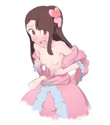 Rule 34 | 1girl, asymmetrical bangs, blush, breasts, brown eyes, carebu, clothes pull, disembodied hand, drawfag, dress, dress pull, embarrassed, female focus, flower, frilled dress, frills, hair flower, hair ornament, kagari atsuko, little witch academia, long dress, long hair, long skirt, nipples, open mouth, pink dress, skirt, small breasts, solo