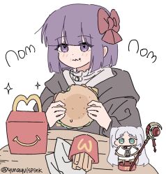 Rule 34 | 1girl, aged down, artist name, black coat, bow, burger, character doll, coat, dress, eating, fern (sousou no frieren), figure, food, french fries, frieren, hair bow, holding, holding food, mcdonald&#039;s, purple hair, red bow, short hair, simple background, sitting, solo, sound effects, sousou no frieren, twitter username, white background, white dress, yunayuispink