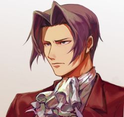 Rule 34 | 1boy, ace attorney, ascot, baiaidi, closed mouth, formal, grey hair, hair intakes, jacket, looking ahead, looking to the side, miles edgeworth, purple eyes, red jacket, red suit, serious, simple background, solo, suit, upper body, white ascot, white background