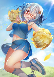 Rule 34 | 1girl, armpits, blue footwear, blue hair, blue ribbon, blush, borrowed character, breasts, burger hair ornament, cheering, cheerleader, clothes writing, confetti, day, food-themed hair ornament, glasses, hair ornament, hair ribbon, hamburger-chan (hundredburger), holding, holding pom poms, jumping, large breasts, looking at viewer, medium hair, midriff, navel, one eye closed, open mouth, original, outdoors, pleated skirt, pom pom (cheerleading), pom poms, red-framed eyewear, red eyes, ribbon, semi-rimless eyewear, shirt, shoes, skirt, sleeveless, sleeveless shirt, smile, sneakers, socks, solo, to kifa, under-rim eyewear, white footwear, white socks