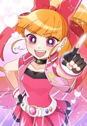 Rule 34 | 1girl, aitommylove, belt, black eyes, black gloves, blossom (ppg), bow, commentary, dress, earrings, english commentary, fingerless gloves, gloves, hair between eyes, hair bow, hair ribbon, highres, jacket, jewelry, multicolored eyes, open mouth, orange hair, pink dress, pink eyes, pink jacket, ponytail, powerpuff girls, powerpuff girls z, red bow, red ribbon, ribbon, smile, solo, teeth, upper teeth only, white belt