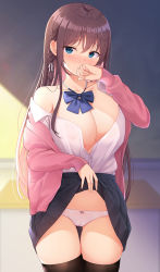 Rule 34 | 1girl, black skirt, black thighhighs, blue bow, blue bowtie, blue eyes, bow, bowtie, breasts, brown hair, cameltoe, cleft of venus, clothes lift, hicha nomu, highres, large breasts, lifted by self, long hair, long sleeves, miniskirt, no bra, original, panties, pink sweater, pleated skirt, school uniform, shirt, skirt, skirt lift, solo, sweater, thighhighs, underwear, white panties, white shirt