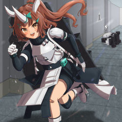 Rule 34 | 1girl, animal ears, arknights, armor, bandaid, bandaid on face, bandaid on nose, blush stickers, brown hair, bubble (arknights), horns, lancet-2 (arknights), long hair, looking at viewer, robot, running, shironekoban, single horn, solo