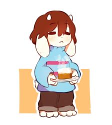 Rule 34 | :&lt;, androgynous, animalization, barefoot, brown hair, caribun, closed eyes, food, frisk (undertale), furry, gender request, goat, hair between eyes, horns, other focus, pie, plate, solo, standing, steam, striped clothes, striped sweater, sweater, tail, undertale