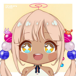 Rule 34 | 1girl, artist name, bare shoulders, black ribbon, blue eyes, blunt bangs, blush stickers, breasts, chibi, commentary, crab hair ornament, dark-skinned female, dark skin, earrings, english commentary, fpsmoe, hair ornament, hololive, hololive english, jewelry, large breasts, long hair, looking at viewer, neck ribbon, open mouth, planet hair ornament, ribbon, round teeth, simple background, smile, solo, sparkling eyes, teeth, tsukumo sana, tsukumo sana (1st costume), twintails, upper teeth only, virtual youtuber, yellow eyes