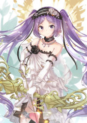 Rule 34 | 1girl, absurdres, bare shoulders, blush, bow (weapon), breasts, cleavage, elbow gloves, euryale (fate), fate/grand order, fate (series), gloves, highres, holding, holding bow (weapon), holding weapon, holmemee, jewelry, long hair, looking at viewer, medium breasts, necklace, purple eyes, purple hair, smile, solo, standing, twintails, weapon, white gloves