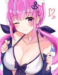 Rule 34 | 1girl, absurdres, ahoge, anchor hair ornament, bikini, biya (1024), blue hair, blue jacket, blue ribbon, blush, braid, breasts, cleavage, closed mouth, collarbone, commentary, drill hair, french braid, hair ornament, hair ribbon, hairclip, halterneck, heart, highres, hololive, jacket, large breasts, light blue hair, long hair, looking at viewer, maid headdress, minato aqua, multicolored hair, nail polish, off shoulder, one eye closed, open clothes, open jacket, pink hair, purple eyes, purple nails, ribbon, simple background, smile, solo, streaked hair, swimsuit, twin drills, twintails, two-tone hair, upper body, virtual youtuber, white background, white bikini