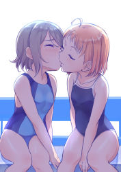 Rule 34 | 2girls, aged down, ahoge, backlighting, between legs, blue one-piece swimsuit, blush, child, closed eyes, competition school swimsuit, grey hair, hand between legs, kanabun, kiss, love live!, love live! sunshine!!, multiple girls, one-piece swimsuit, orange hair, school swimsuit, short hair, sitting, swimsuit, takami chika, watanabe you, yuri