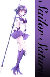 Rule 34 | 1girl, bishoujo senshi sailor moon, black bow, black hair, blue eyes, boots, bow, brooch, character name, choker, cross-laced footwear, elbow gloves, expressionless, full body, gloves, gradient background, highres, jewelry, lace-up boots, magical girl, pleated skirt, purple footwear, purple skirt, raine (brandnewdayz), sailor collar, sailor saturn, short hair, simple background, skirt, solo, staff, standing, star brooch, tomoe hotaru, white gloves