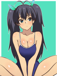 Rule 34 | 1girl, alternate hairstyle, antenna hair, aqua background, black hair, blue eyes, breasts squeezed together, breasts, competition school swimsuit, female focus, ganaha hibiki, highres, idolmaster, idolmaster (classic), indian style, kagemusha, large breasts, long hair, one-piece swimsuit, school swimsuit, sitting, solo, swimsuit, twintails, v arms