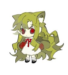 Rule 34 | 1girl, animal ear fluff, animal ears, black footwear, bow, bowtie, cat ears, chibi, chinese commentary, collared dress, commentary request, dress, gloves, green hair, highres, long hair, looking at viewer, mary janes, original, red bow, red bowtie, red eyes, red gloves, shoes, short dress, simple background, socks, solo, sparkle, tiankong yiji, very long hair, white background, white dress, white socks