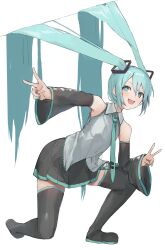 Rule 34 | 1girl, :d, aqua eyes, aqua hair, aqua necktie, bare shoulders, black footwear, black skirt, black sleeves, boots, breasts, detached sleeves, double v, elbow on knee, glass wall, hatsune miku, highres, long hair, looking at viewer, necktie, open mouth, outstretched arm, pleated skirt, pocche-ex, shirt, skirt, sleeveless, sleeveless shirt, small breasts, smile, solo, squatting, thigh boots, twintails, v, very long hair, vocaloid, white shirt, wide sleeves