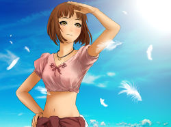 Rule 34 | 10s, 1girl, blouse, brown eyes, brown hair, cloud, day, feathers, highres, jewelry, last exile, last exile: gin&#039;yoku no fam, lavie head, midriff, necklace, raran, ring, shirt, short hair, sky, solo, upper body