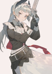 Rule 34 | 1girl, apron, arknights, black dress, black gloves, black vest, closed mouth, commentary request, cowboy shot, cross, cross earrings, dress, earrings, expressionless, gloves, grey eyes, grey hair, gun, handgun, hands up, head wings, highres, holding, holding gun, holding weapon, irene (arknights), irene (voyage of feathers) (arknights), jewelry, kyomunohi, long hair, long sleeves, looking at viewer, maid apron, necklace, official alternate costume, ponytail, scar, scar across eye, simple background, solo, vest, weapon, white background, wings