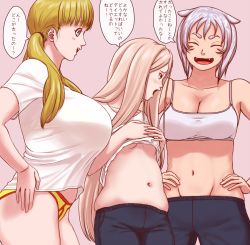 Rule 34 | 3girls, animal ears, blonde hair, blue eyes, blush, breasts, cleavage, clothes lift, fangs, grey hqir, highres, japanese text, kamisuki, large breasts, long hair, love handles, multiple girls, panties, shirt, shirt lift, short hair, shorts, translation request, twintails, underboob, underwear, yellow panties