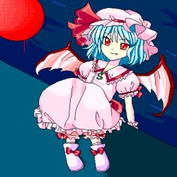 Rule 34 | 1girl, bad id, bad pixiv id, bat wings, blue hair, fang, female focus, hat, lowres, moon, nashi, red eyes, red moon, remilia scarlet, short hair, solo, touhou, wings